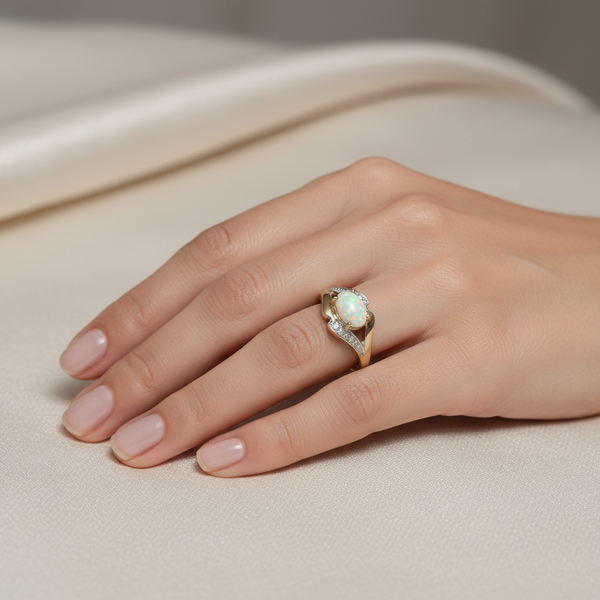 Opal diamond ring on hand