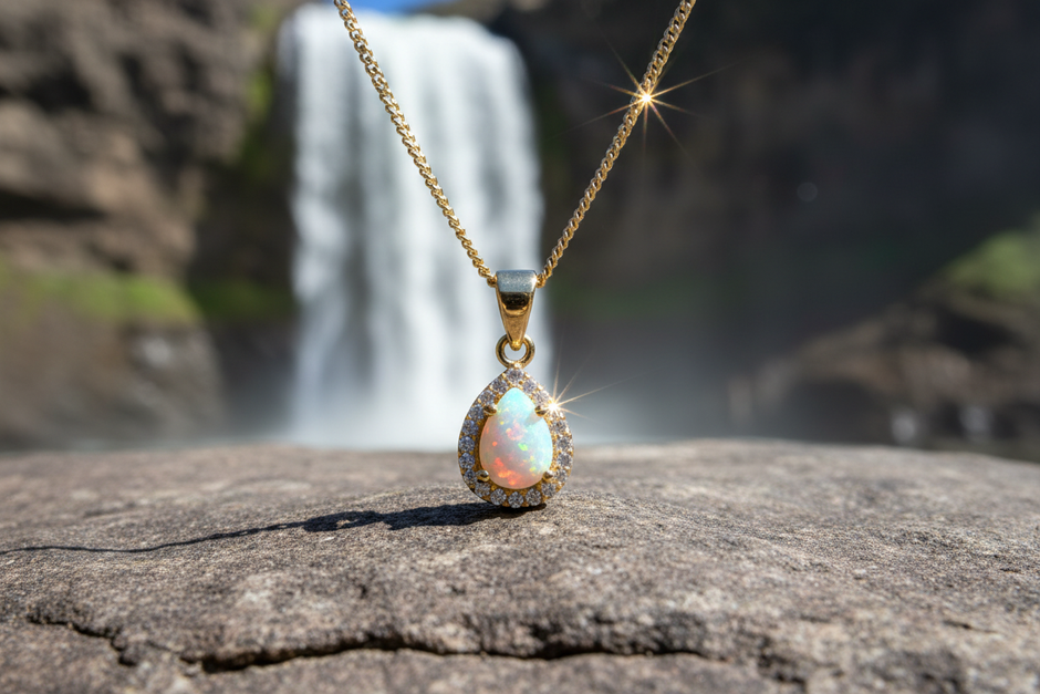 Opal pendant on rock with waterfall and sunlight
