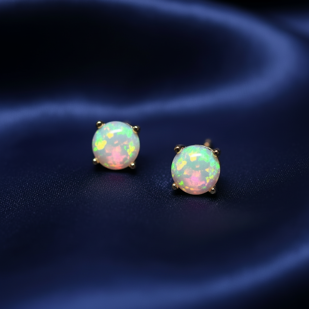 Opal Studs Navy Silk — Flat Lay