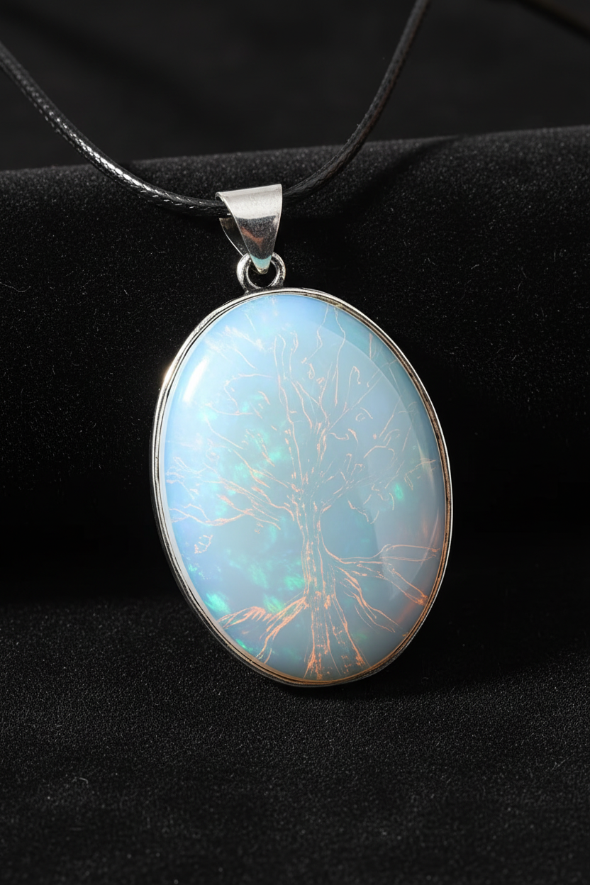 Opalite Engraved Copper Tree — Black Velvet