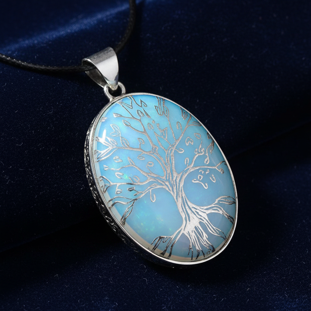 Opalite Engraved Silver Tree — Navy Velvet