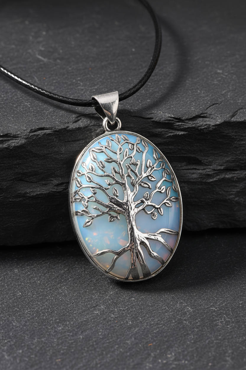 Opalite Tree of Life — Black Leather