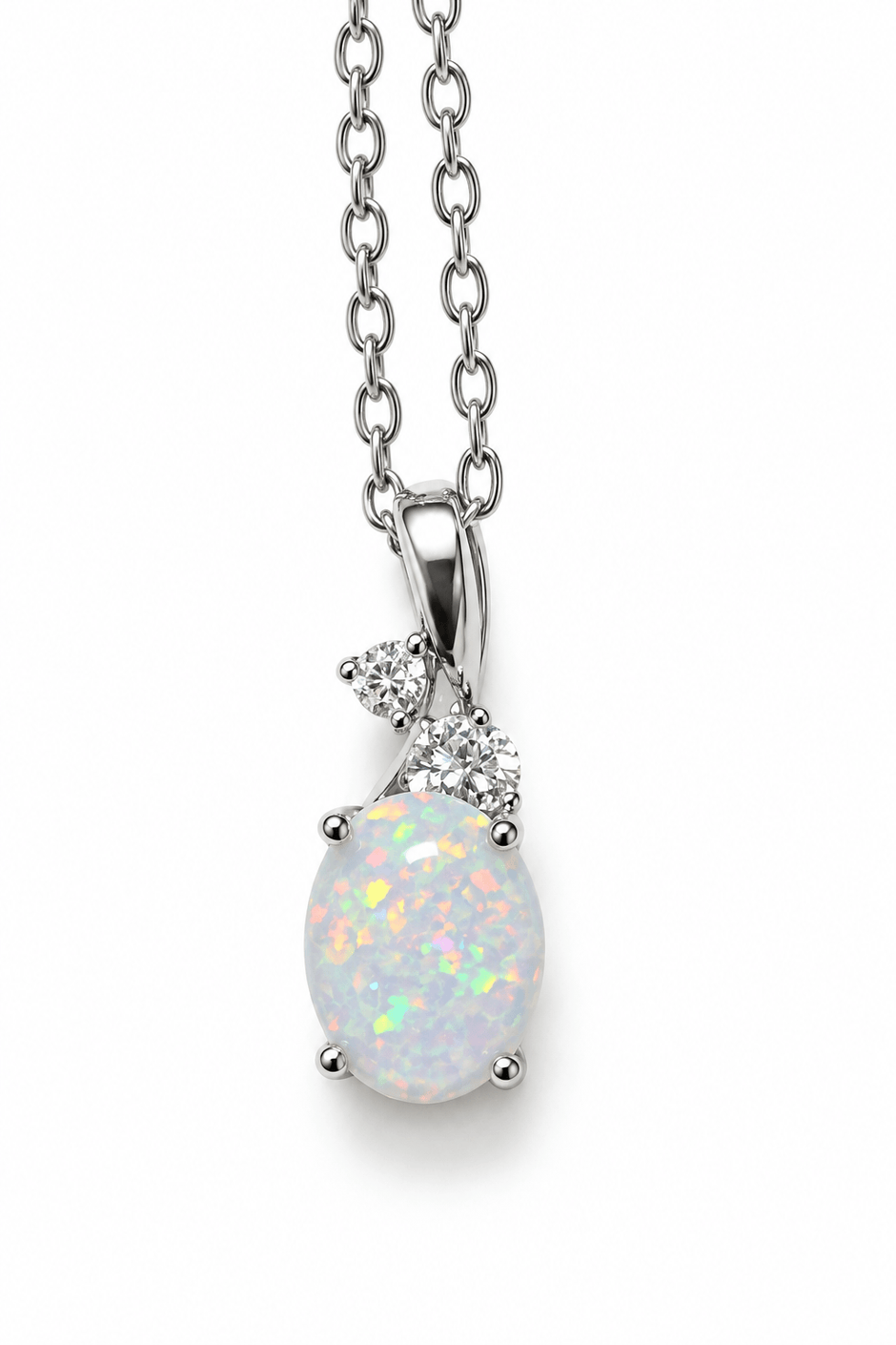 925 Sterling Silver 9mm Oval White Fire Opal Pendant Chain