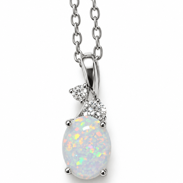 925 Sterling Silver 9mm Oval White Fire Opal Pendant Chain