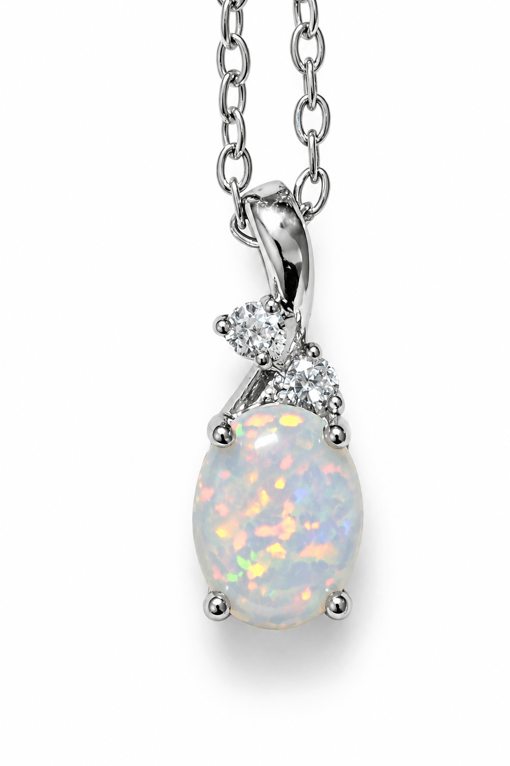 925 Sterling Silver 9mm Oval White Fire Opal Pendant Chain