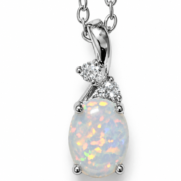 925 Sterling Silver 9mm Oval White Fire Opal Pendant Chain
