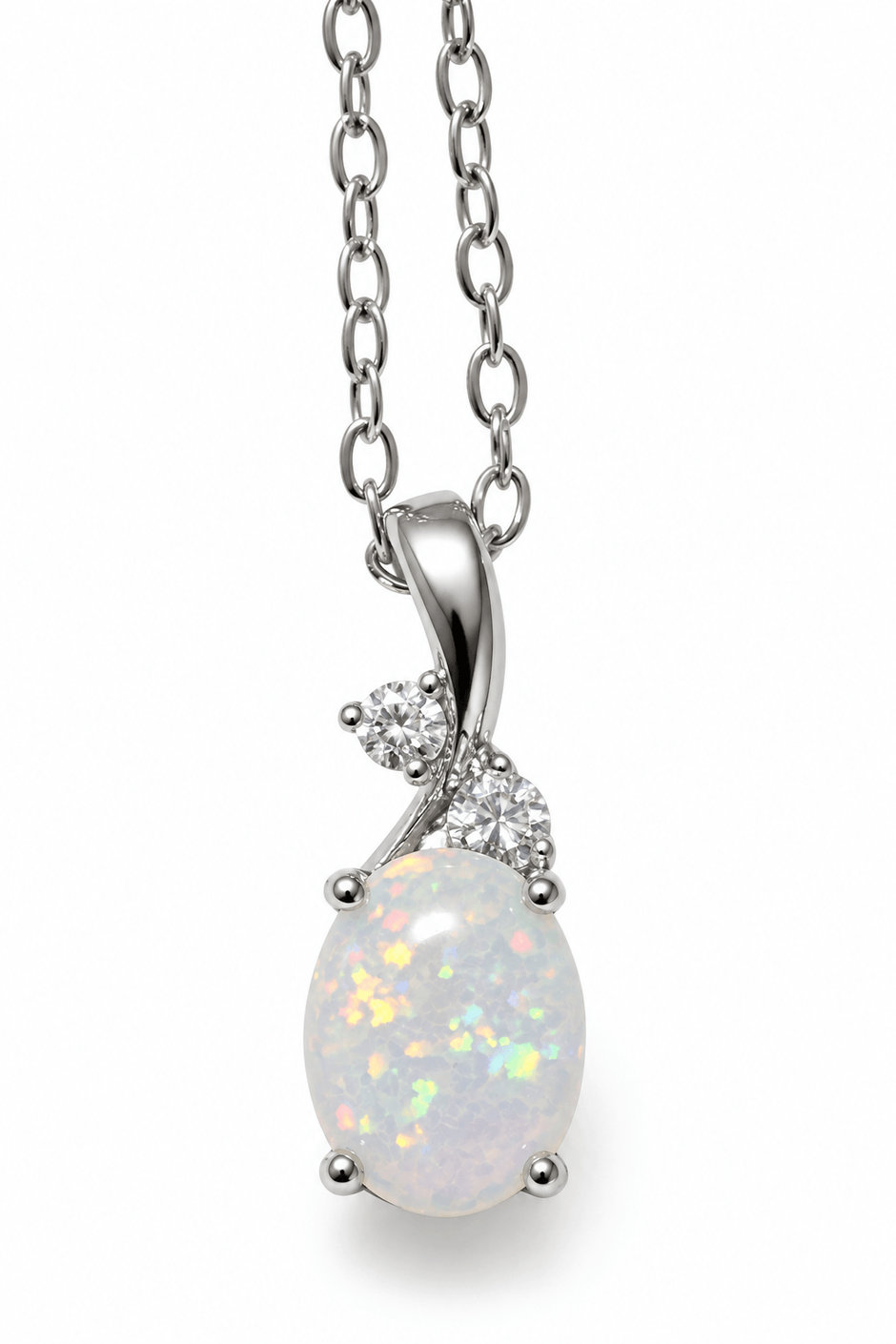925 Sterling Silver 9mm Oval White Fire Opal Pendant Chain