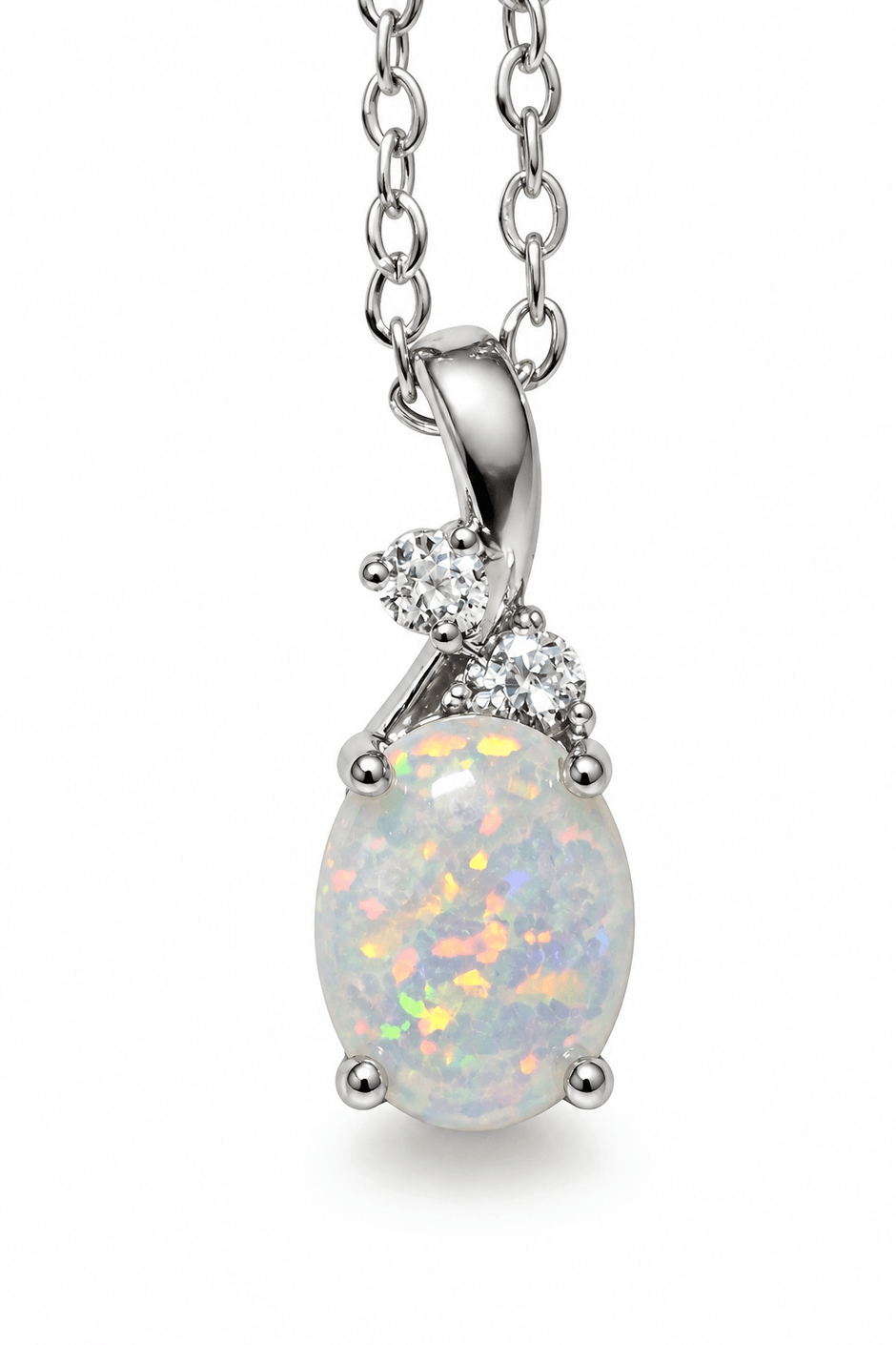 925 Sterling Silver 9mm Oval White Fire Opal Pendant Chain