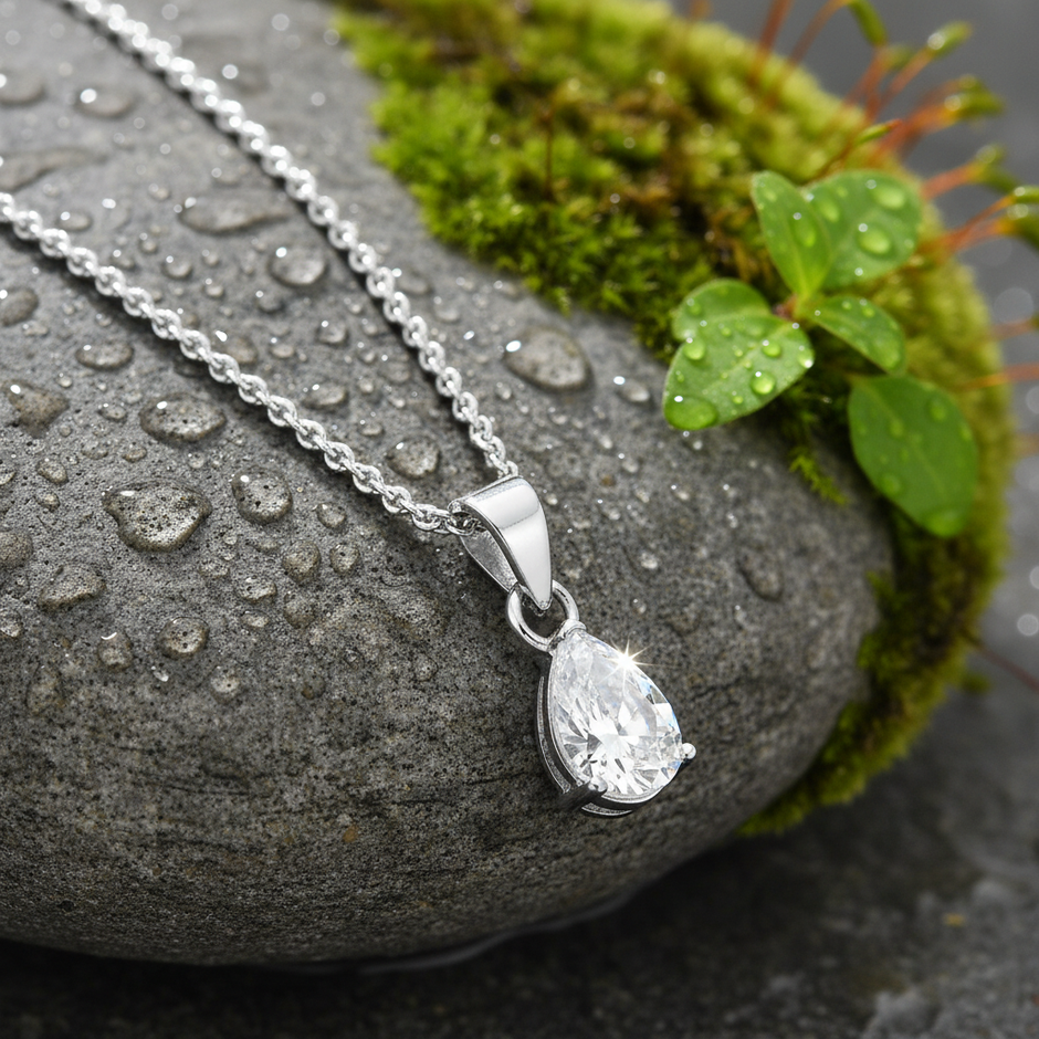 Pear Cubic Zirconia Pendant on Rock with Greenery