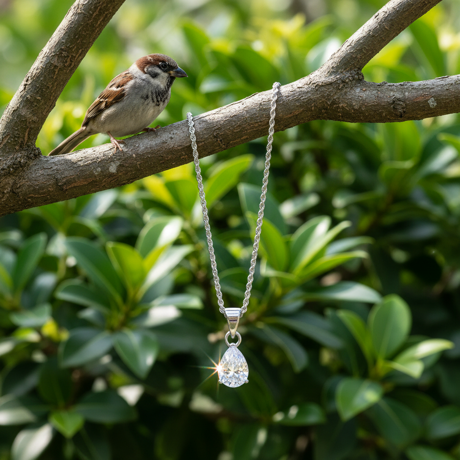 Pear Cubic Zirconia Pendant with Greenery Background