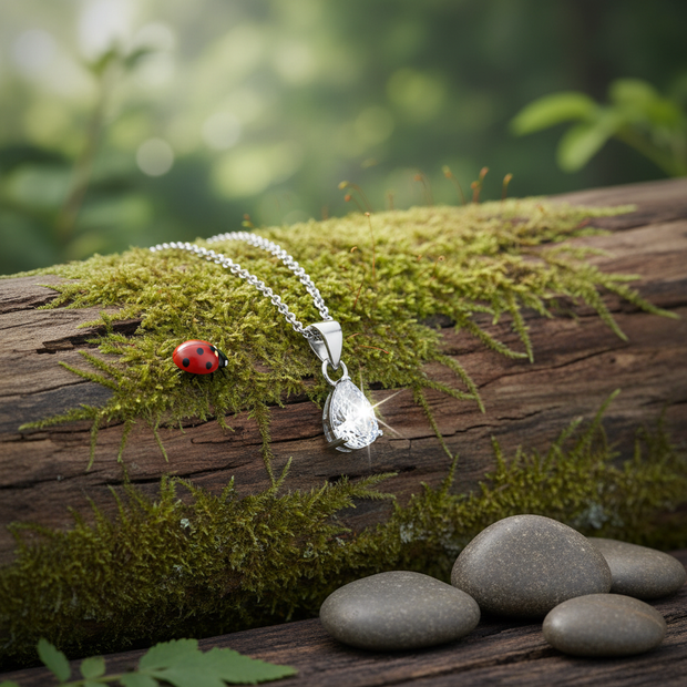 Pear Cubic Zirconia Pendant with Ladybug on Wood