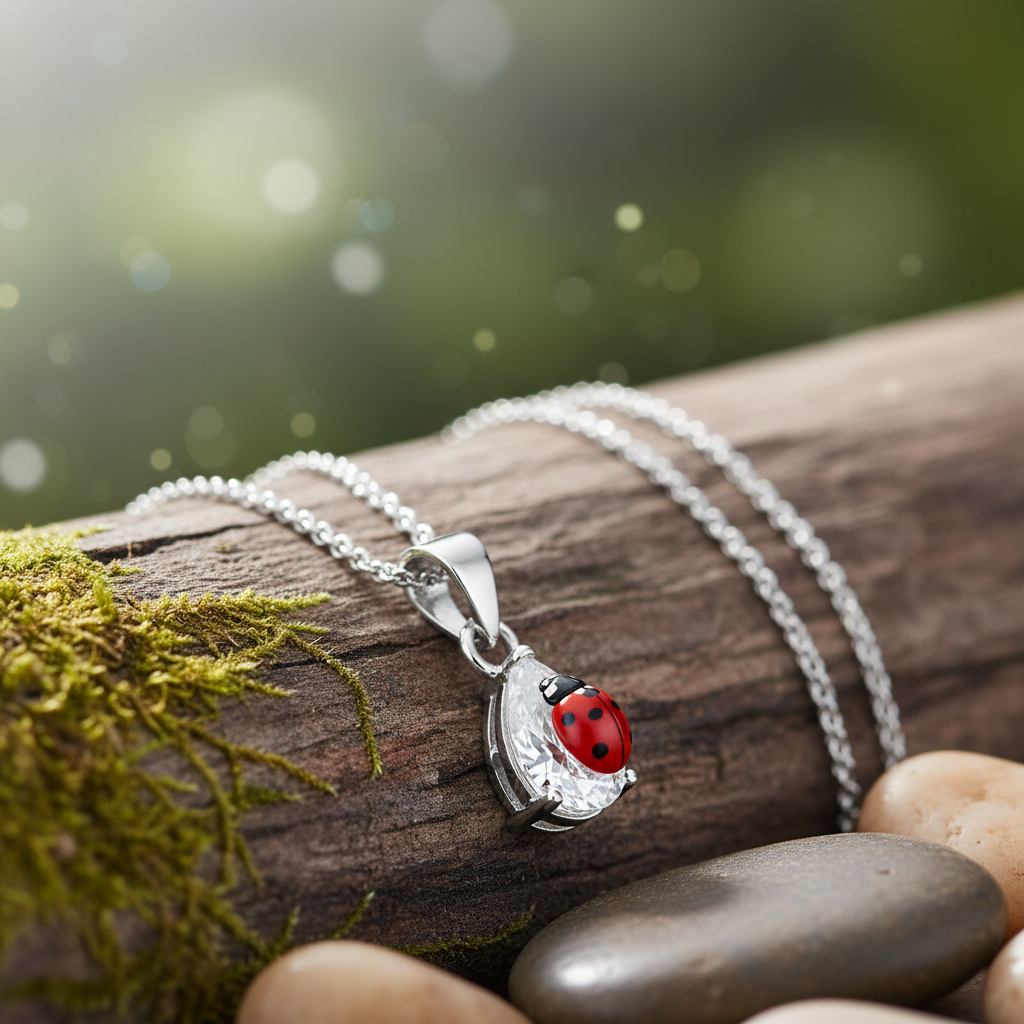 Pear Cubic Zirconia Pendant with Ladybug