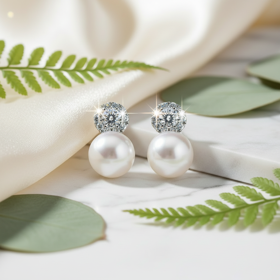 Pearl and CZ Cluster Earrings with Greenery