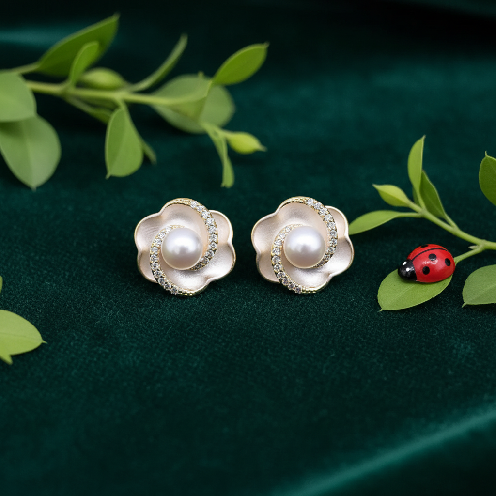Pearl Earrings - Greenery & Ladybug