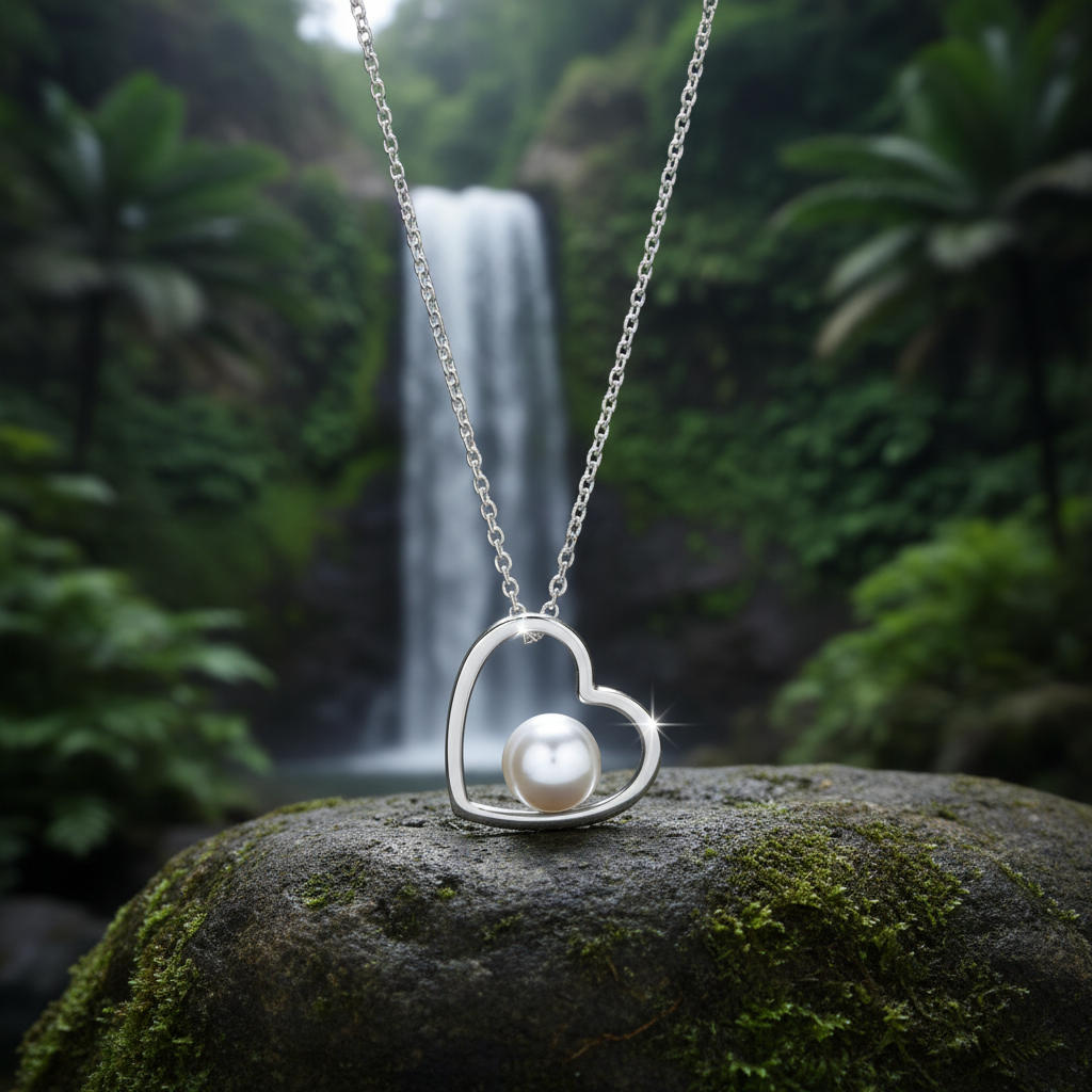 Pearl Heart Pendant on Rock with Low Lighting