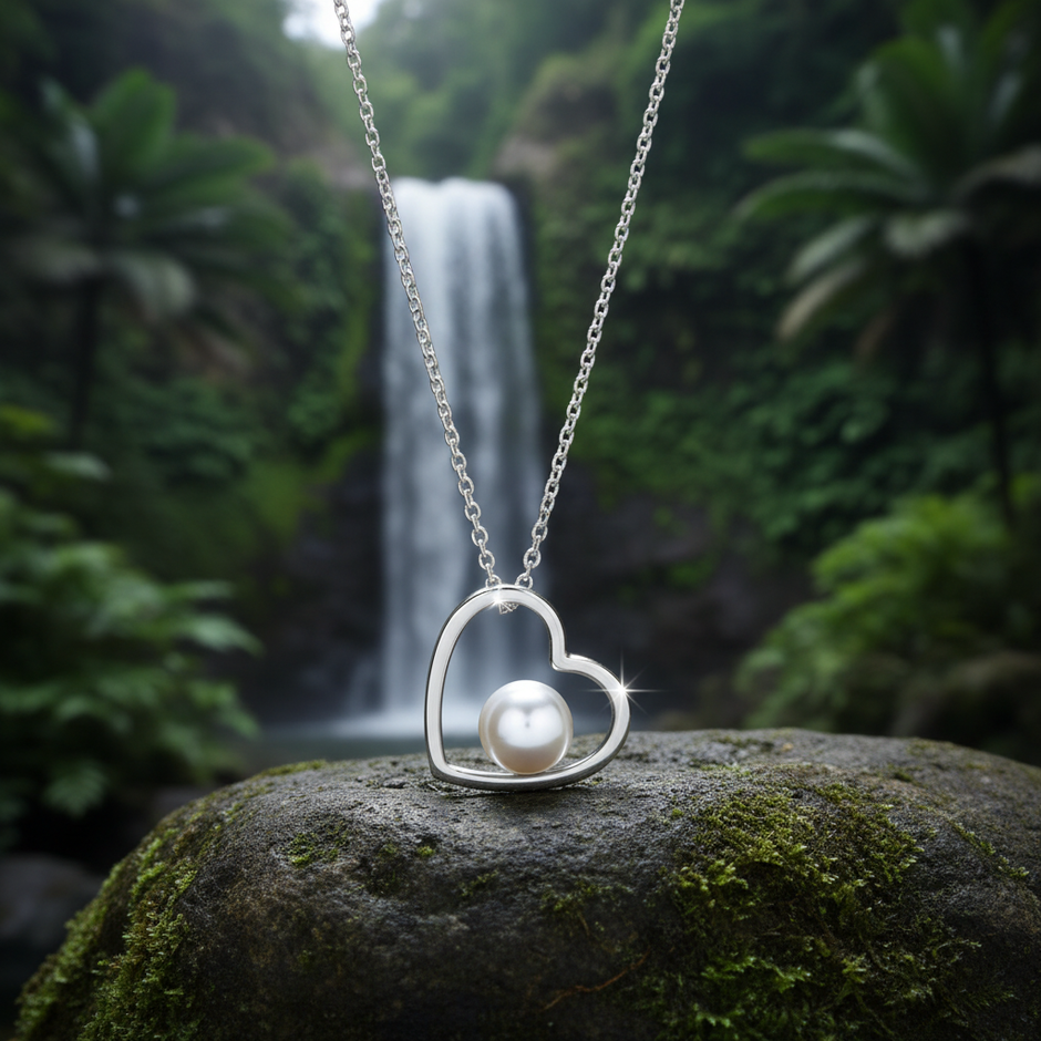 Pearl Heart Pendant on Rock with Low Lighting