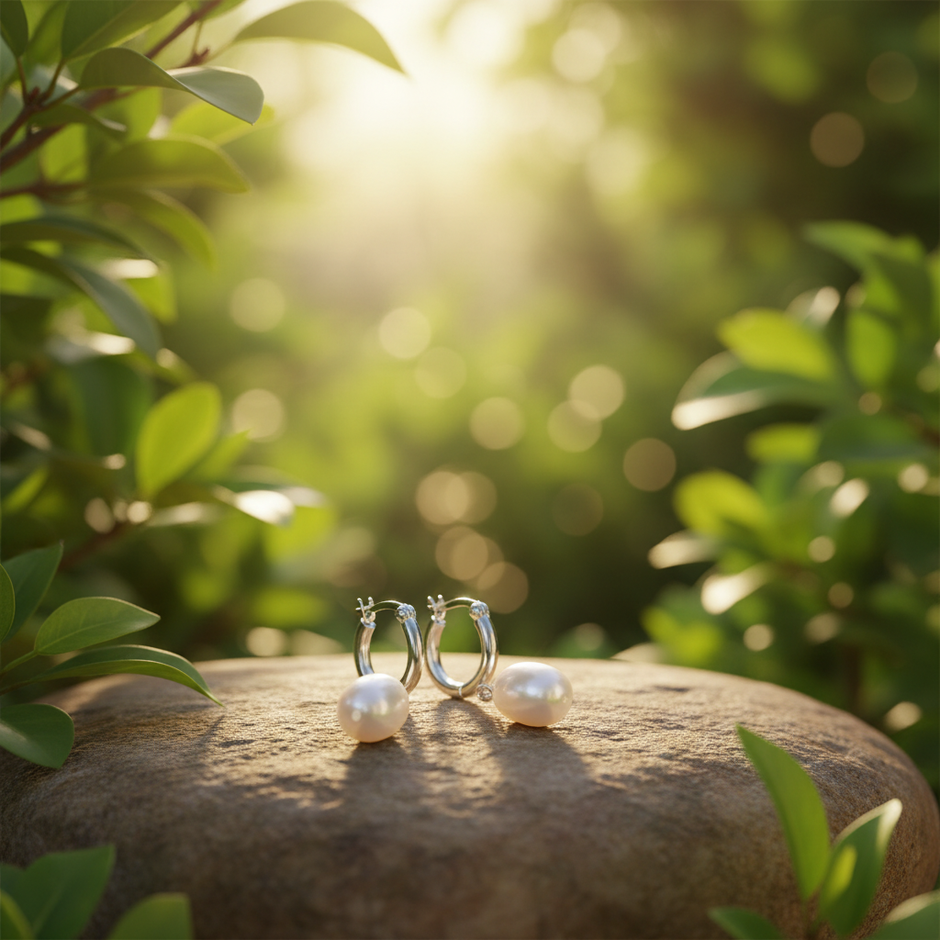 Pearl Hoop Earrings on Rock with Natural Green Background