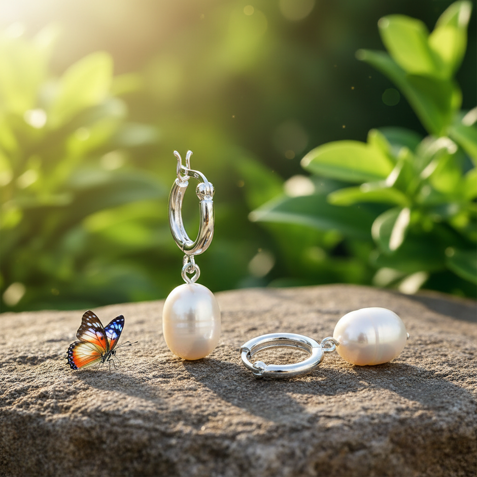 Pearl Hoop Earrings with Butterfly on Rock