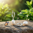 Pearl Hoop Earrings with Butterfly on Rock