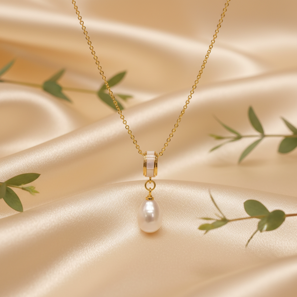 Pearl Necklace — Champagne Silk with Greenery