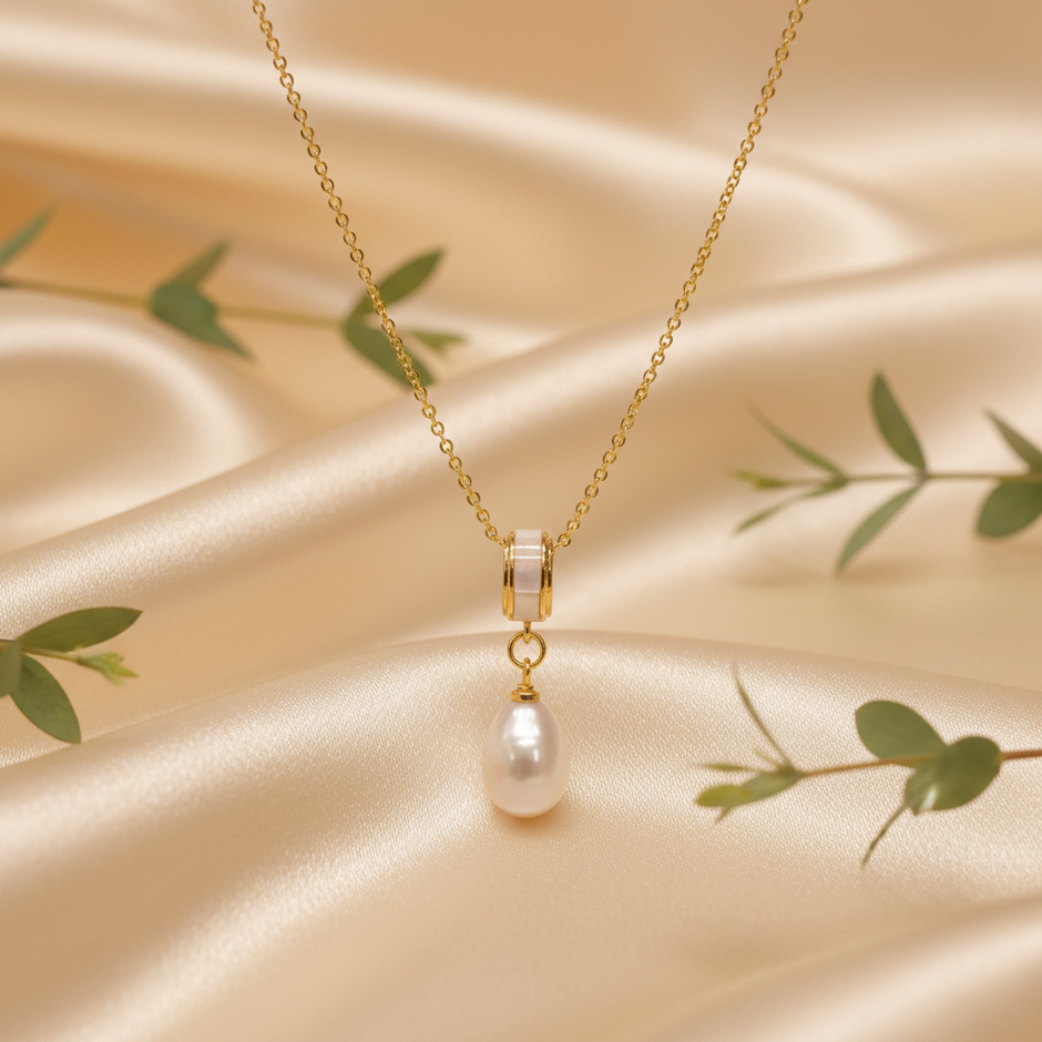 Pearl Necklace — Champagne Silk with Greenery