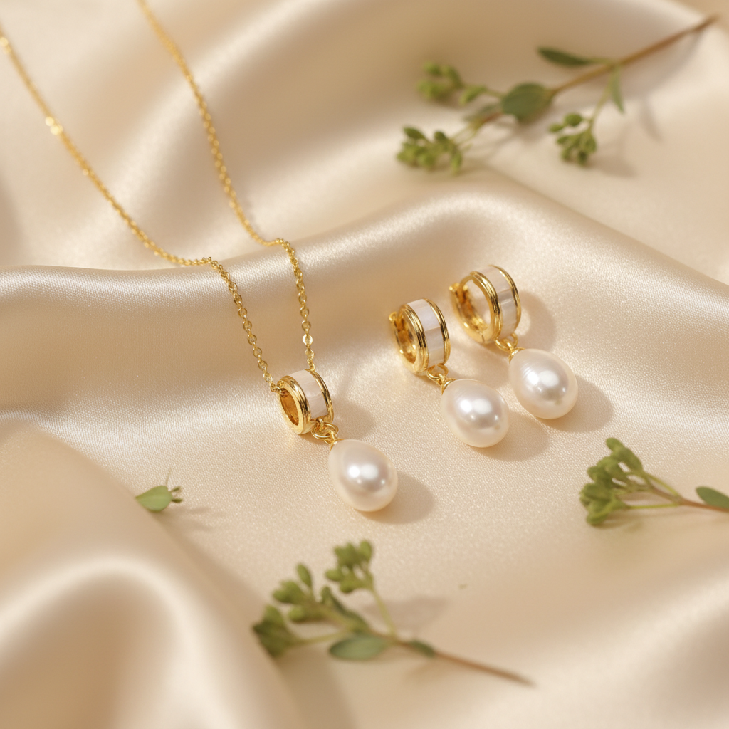Pearl Necklace & Earrings Set — Champagne Silk with Greenery