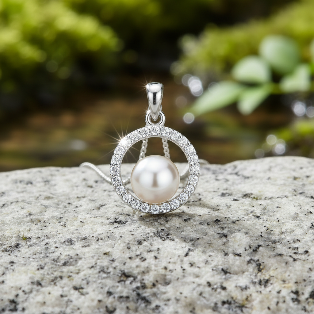 Pearl pendant front view on rock - sparkling