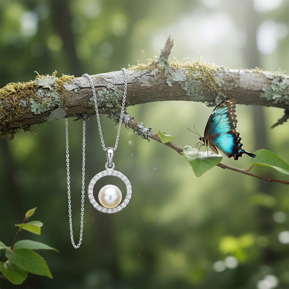 Pearl pendant on branch with butterfly