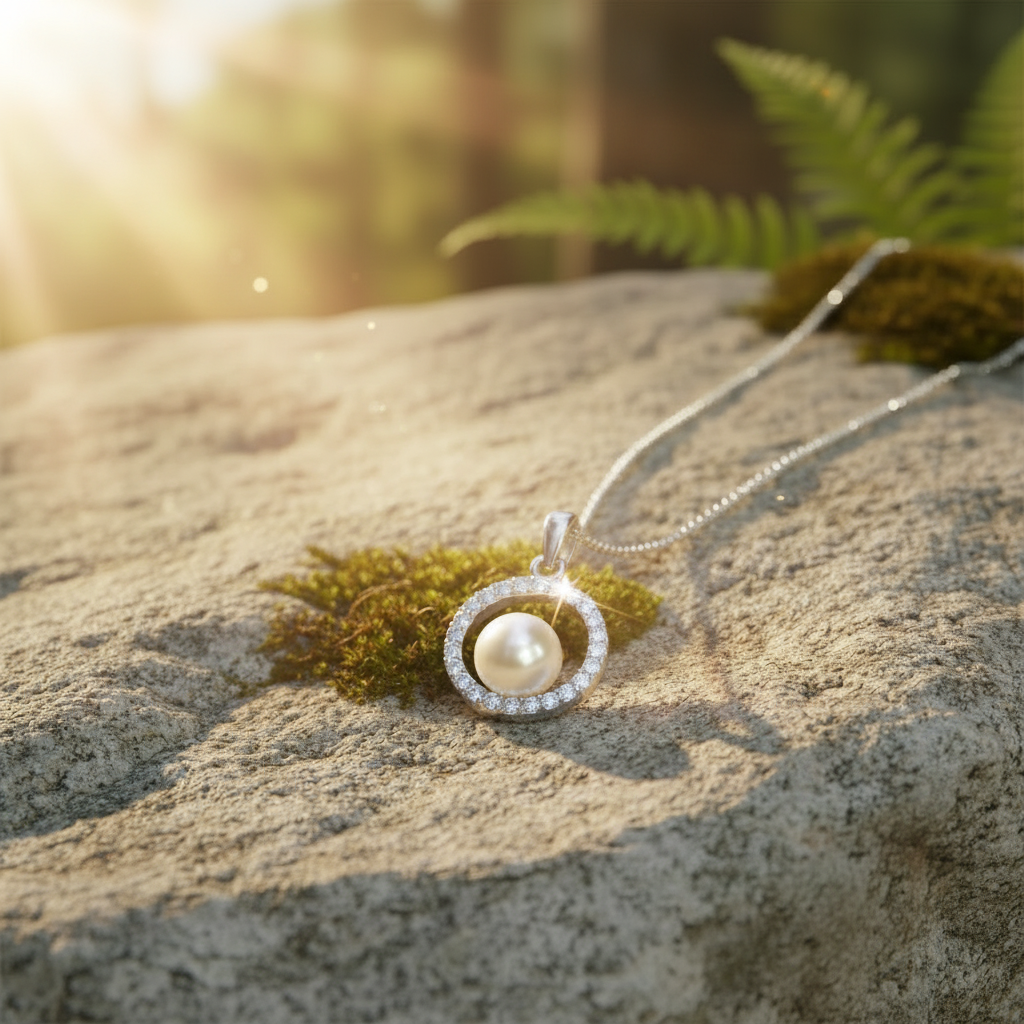 Pearl pendant on rock with sunlight - enhanced sparkle