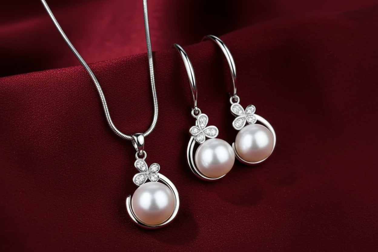 Pearl Set with Snake Chain - Blue Background
