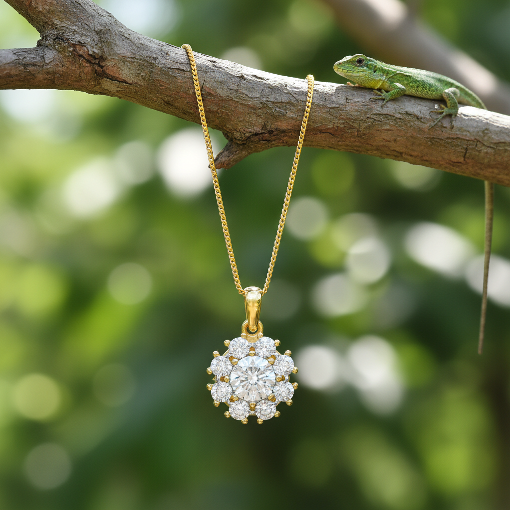 Pendant with snake chain and lizard on branch