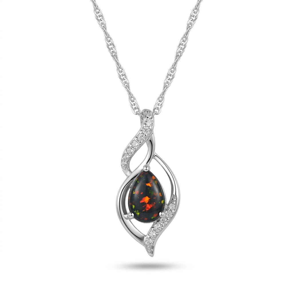 925 Sterling Silver Black Opal Twisted Pendant Necklace