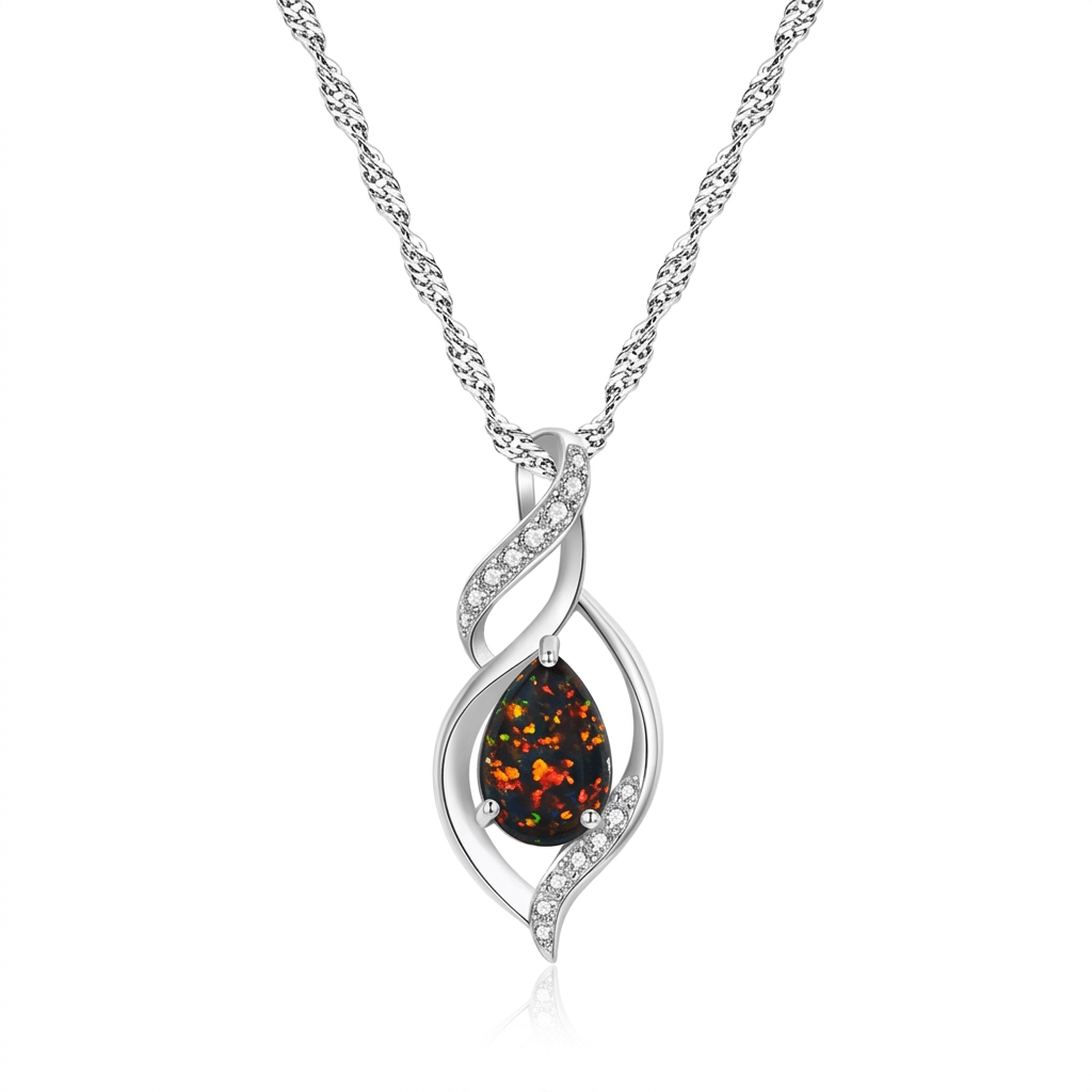 925 Sterling Silver Black Opal Twisted Pendant Necklace