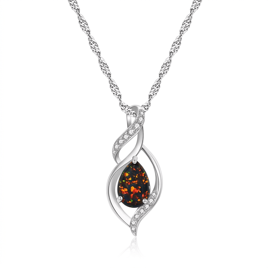 925 Sterling Silver Black Opal Twisted Pendant Necklace