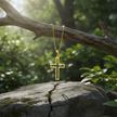 Photorealistic gold cross pendant hanging from branch