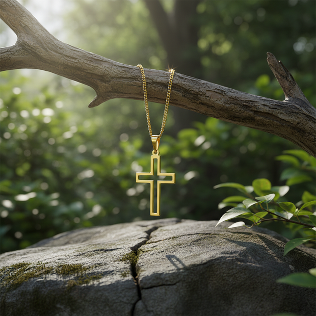 Photorealistic gold cross pendant hanging from branch