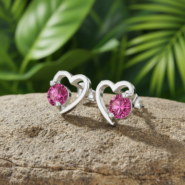 Pink CZ Heart Studs — Angled View