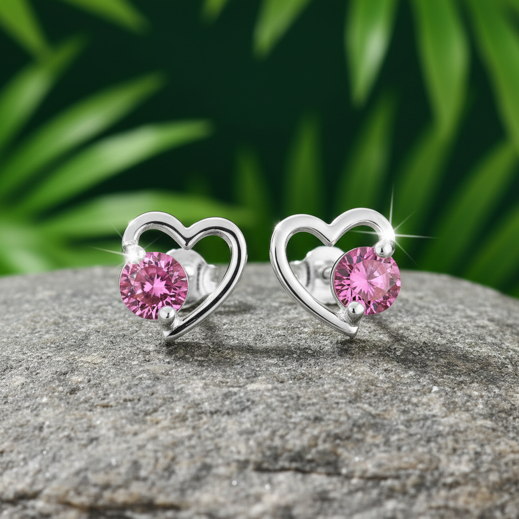 Pink CZ Heart Studs — Natural Setting
