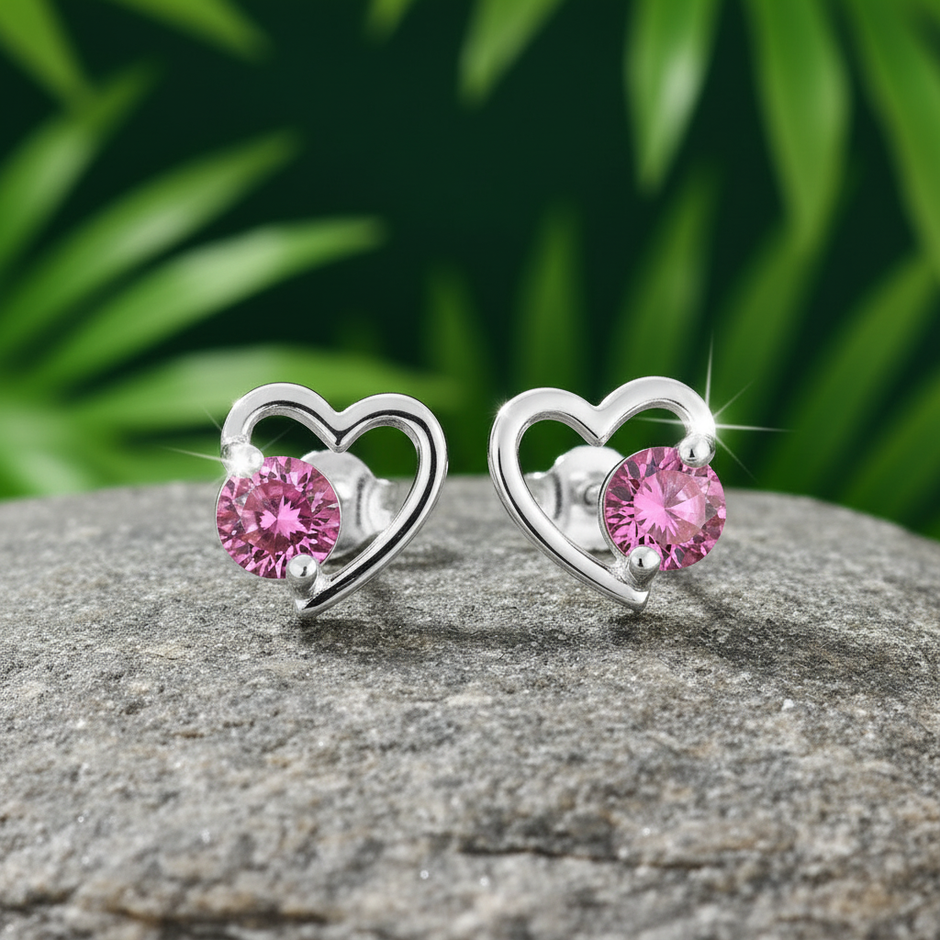 Pink CZ Heart Studs — Natural Setting