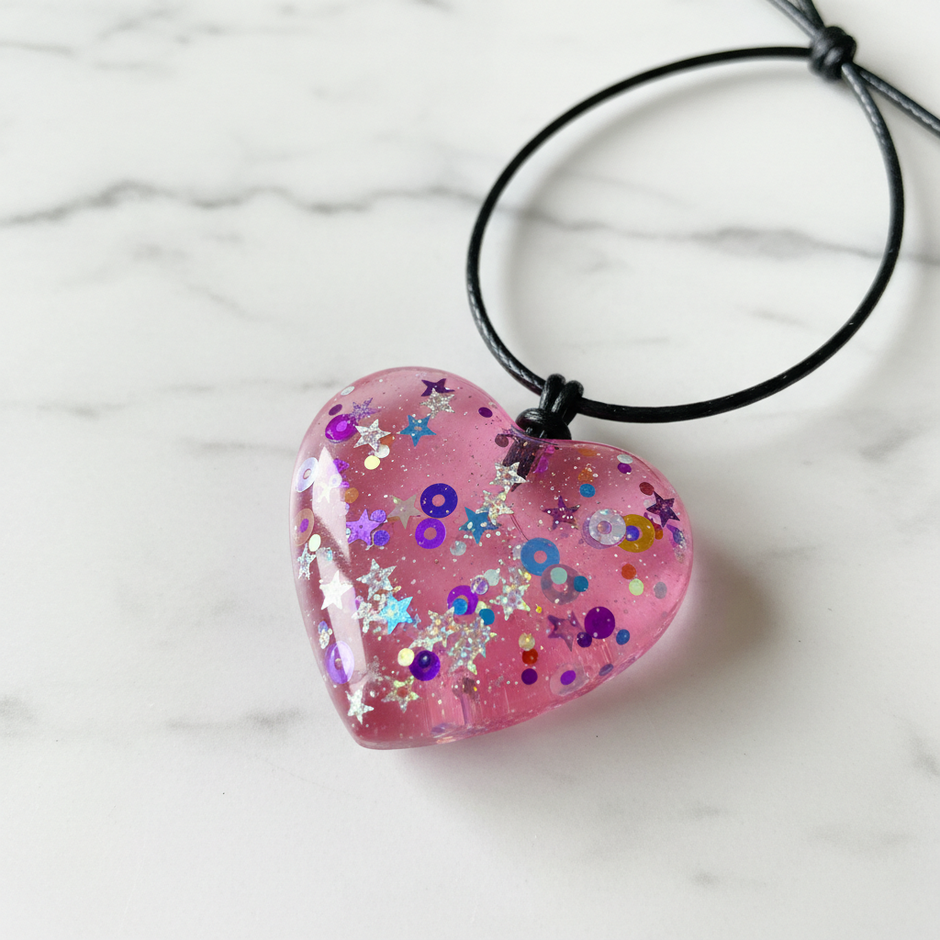 Pink Resin Heart Glitter Pendant