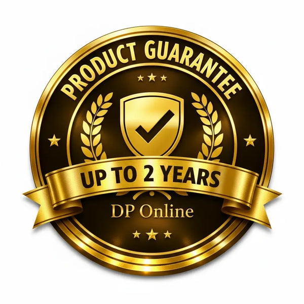 A circular gold and black product guarantee badge with a central shield, laurel branches, stars, and a ribbon banner reading 'UP TO 2 YEARS' and 'DP Online'.