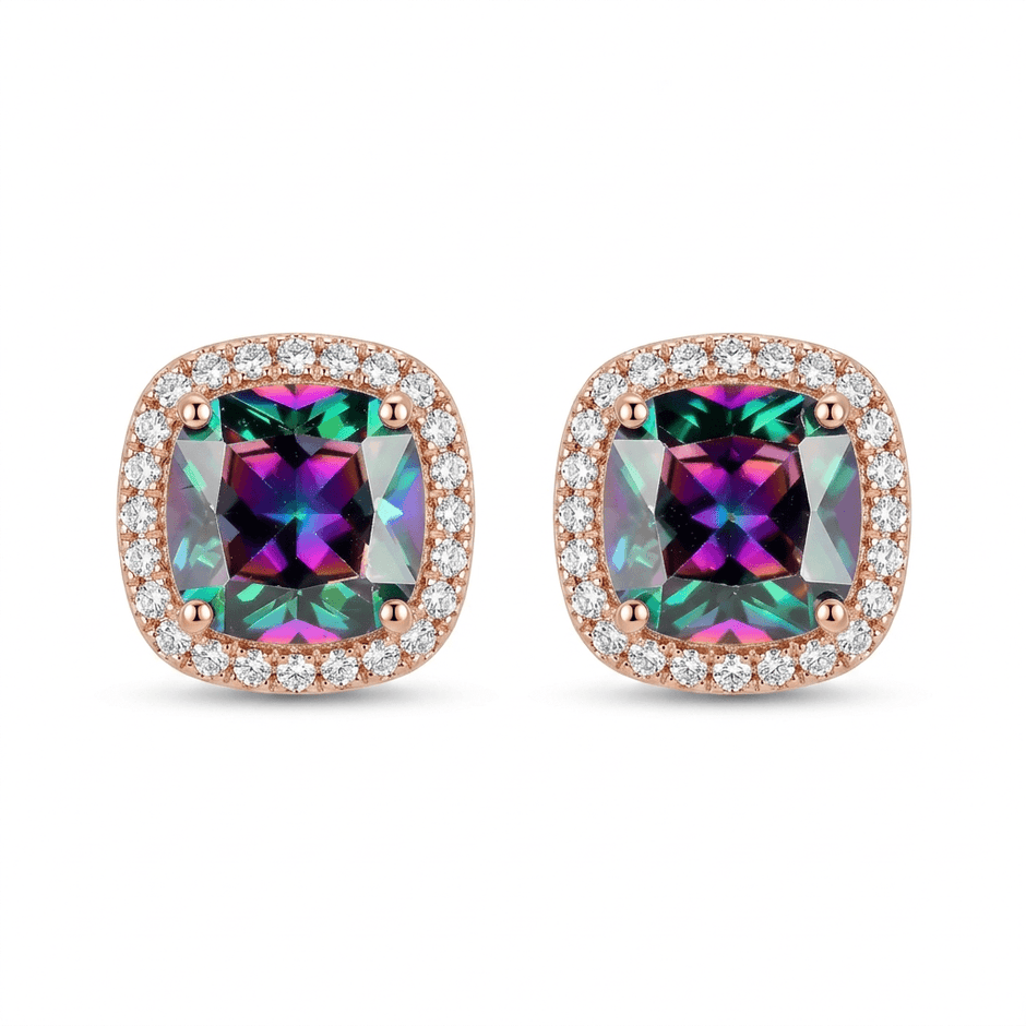 18ct Rose Gold 1ct Square Rainbow Moissanite Stud Earrings