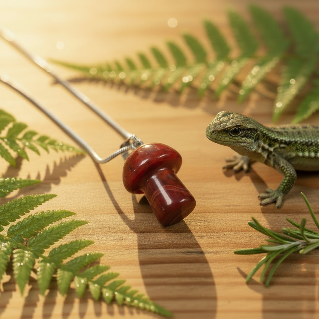 Red Agate Mushroom Pendant – Wooden Surface + Lizard
