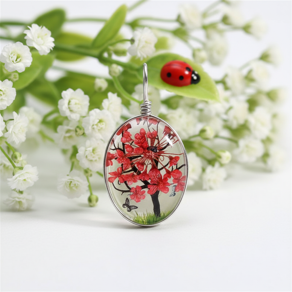 Red Cherry Blossom Oval Pendant