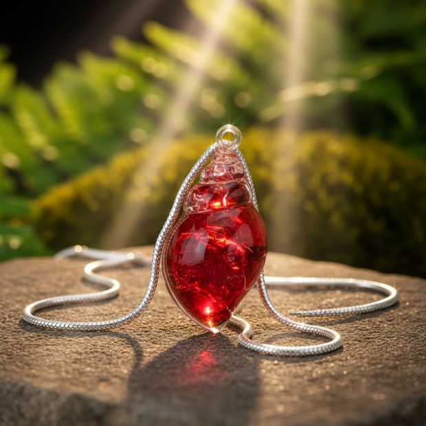 Red spiral shell charm close-up with silver snake chain on rock in sunlight