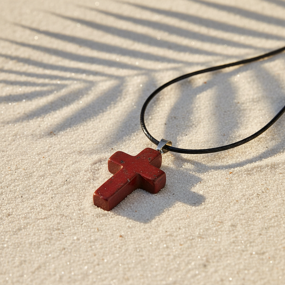 Red stone cross close-up