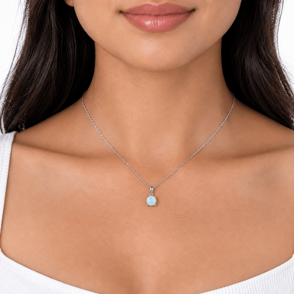 925 Sterling Silver 5mm White Fire Opal Pendant Necklace