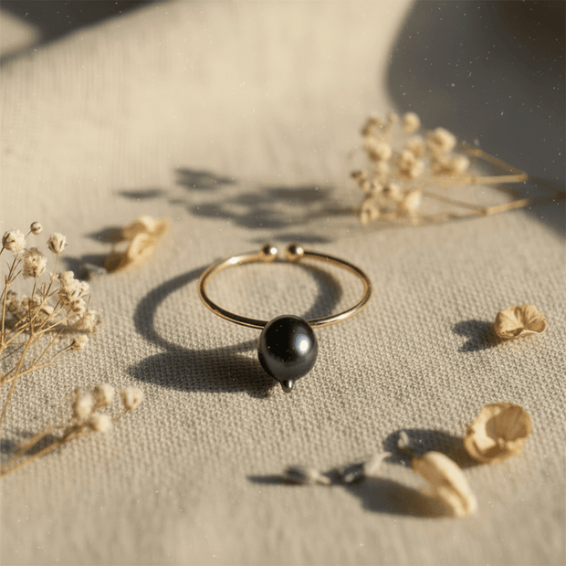 Rice Shaped 7mm Natural Black Freshwater Pearl Open Ring - DP Online