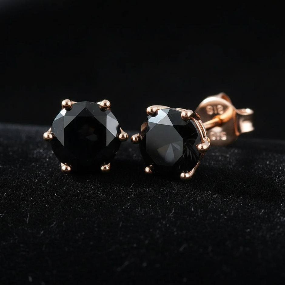 Rose Gold Black Moissanite Stud Earrings - V1