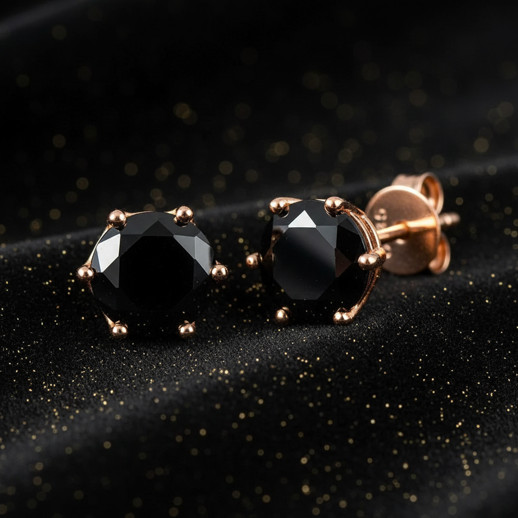 Rose Gold Black Moissanite Stud Earrings - V2